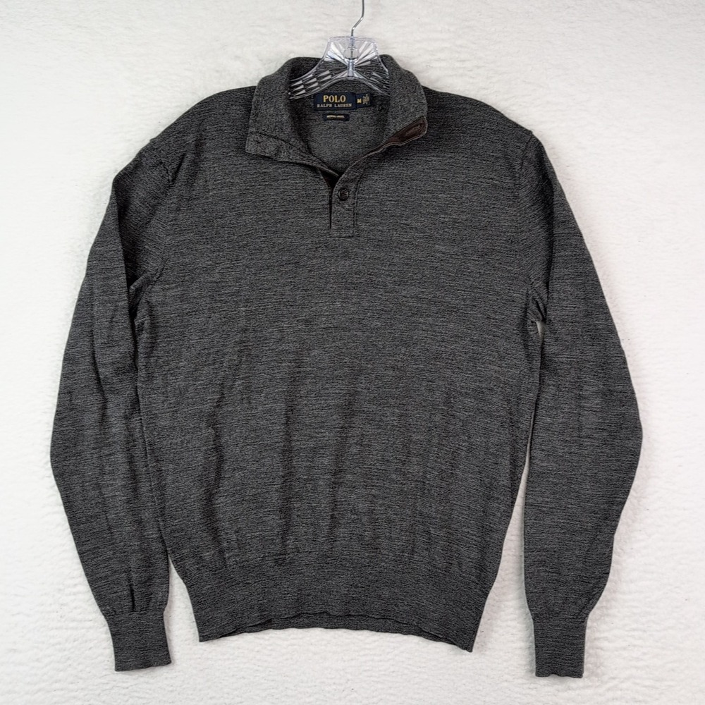 Polo Ralph Lauren‎ Merino Wool Sweater Men's Medium Gray 1/4 Button Lightweight